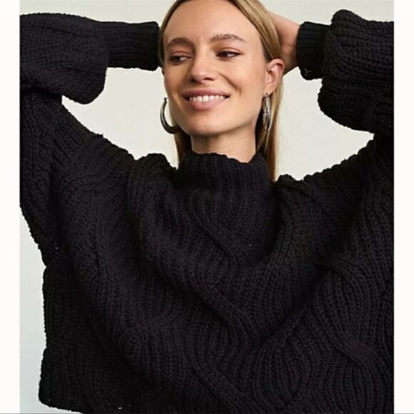 free people S Oversized Boxy Cable Knit Mock Neck Crop Balloon Sl Sweater